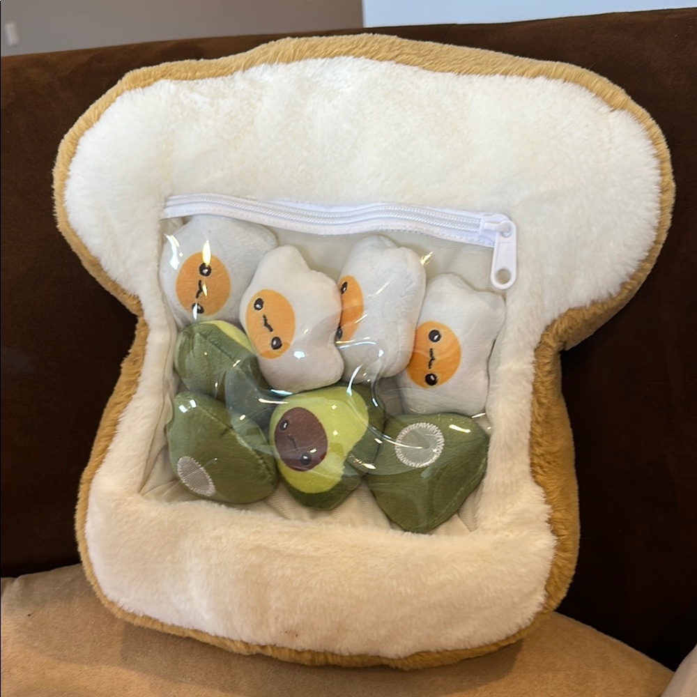Plush Toast Pillow with Avocado and Egg Toys